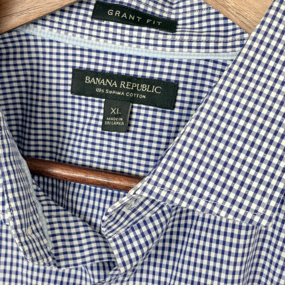Banana Republic Button Down Shirt Mens XL Blue‎ Gingham Cotton Casual Office